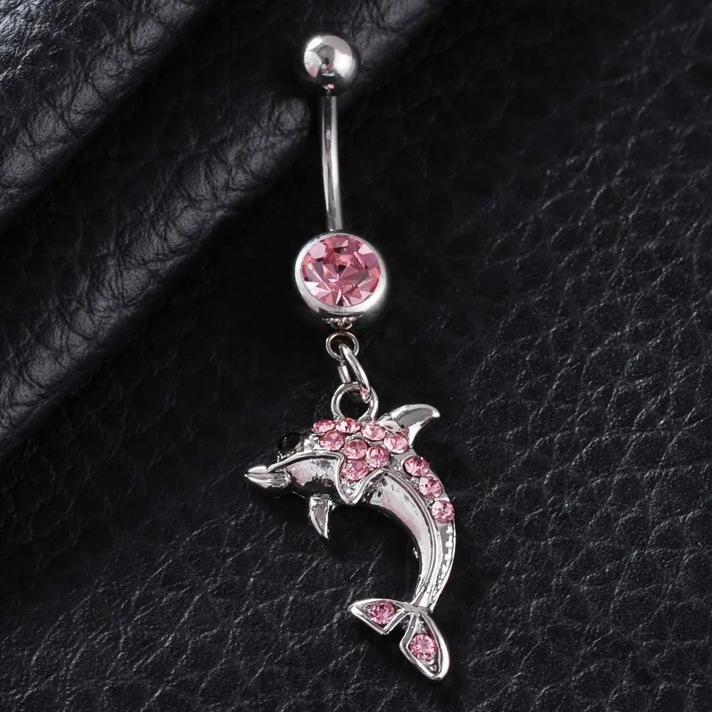 Personalities Alloy Dolphin Belly Button Ring Rhinestone Allergy-proof Punk Long Bar