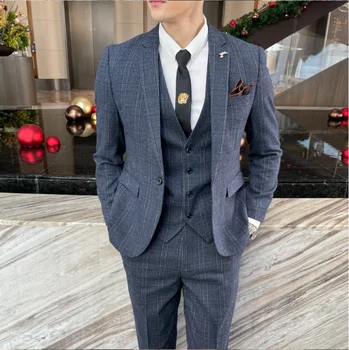 British Korean Style High Quality Modified Plaid Three-Piece Suit for Men - Stylish Business Casual Suit Vest And Trousers Set 3