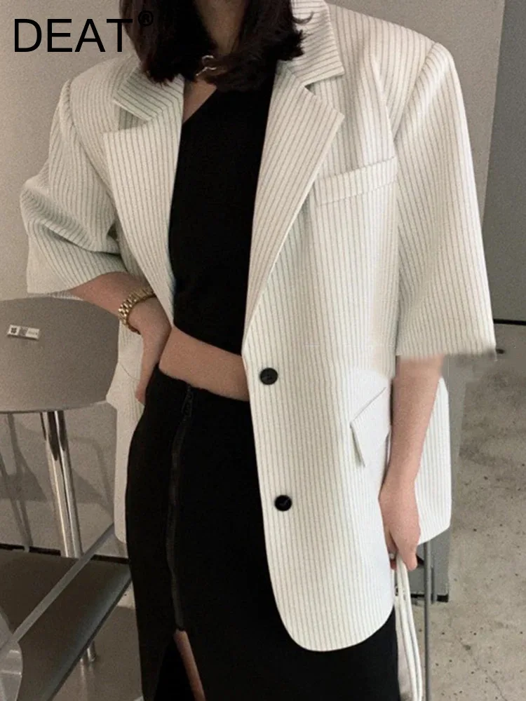 DEAT Fashion Women Stripe Blazer Notched Short Sleeves Single Breasted Pockets Loose Suit Jackets Summer 2024 New Tide 7AB4319