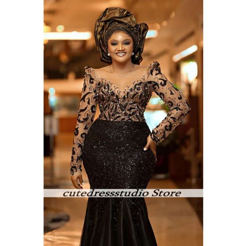 

See Through Collar Exquisite Black Evening Dress For Nigerian Girls Wedding Guest Party Gowns Prom Dresses Luxury Customized