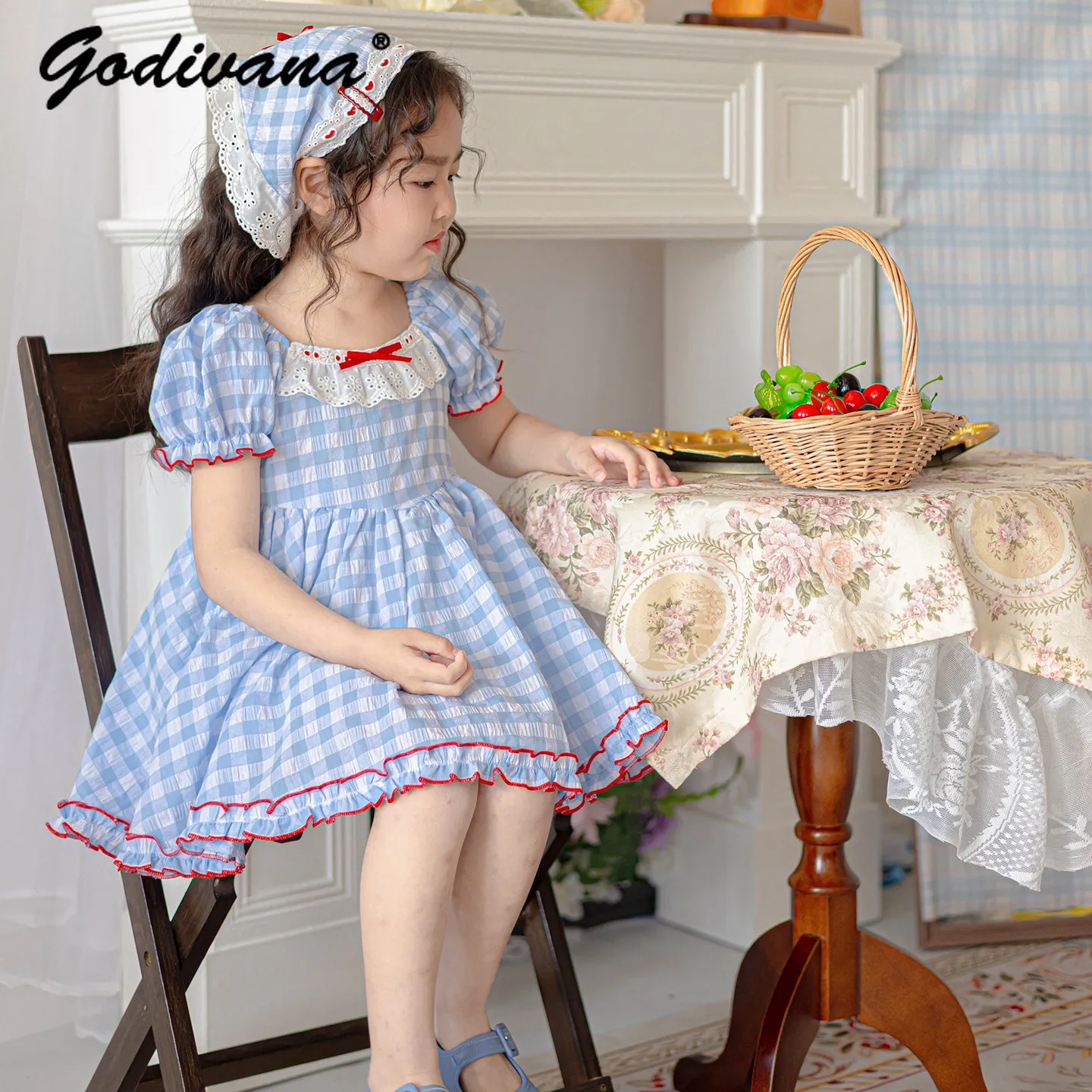 

French Baby Girls 2026 Summer New Fashion Vintage Puffy Dress Kids Bow Lace Puff Sleeve Blue Plaid Square Neck Casual Dresses