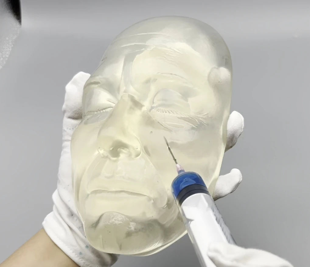 Maniquí de inyección masculino de silicona transparente, modelo de entrenamiento aplicado en la formación estética para esteticista