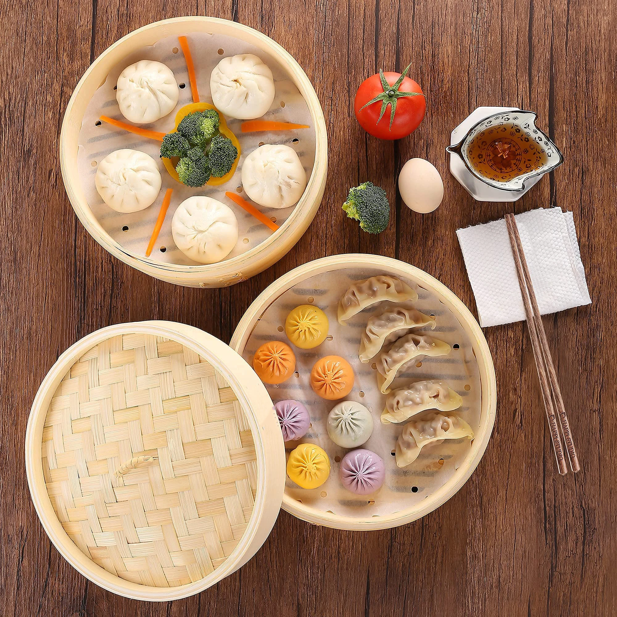 3 Tier Bamboo Steamer Basket with Lid 100% Natural Bamboo Rolls 10 Inch Premium Handmade Basket for Chicken Fish Cooking Dim Sum