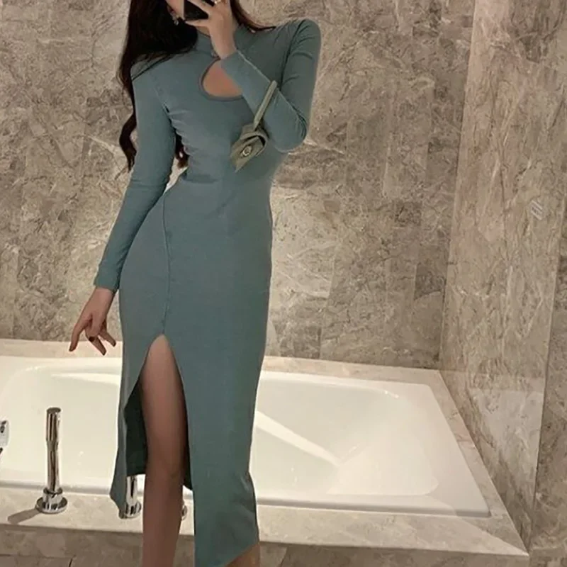 Fan Long Sleeve Skirt Split Fork Slim Bottom Dress Long Skirt