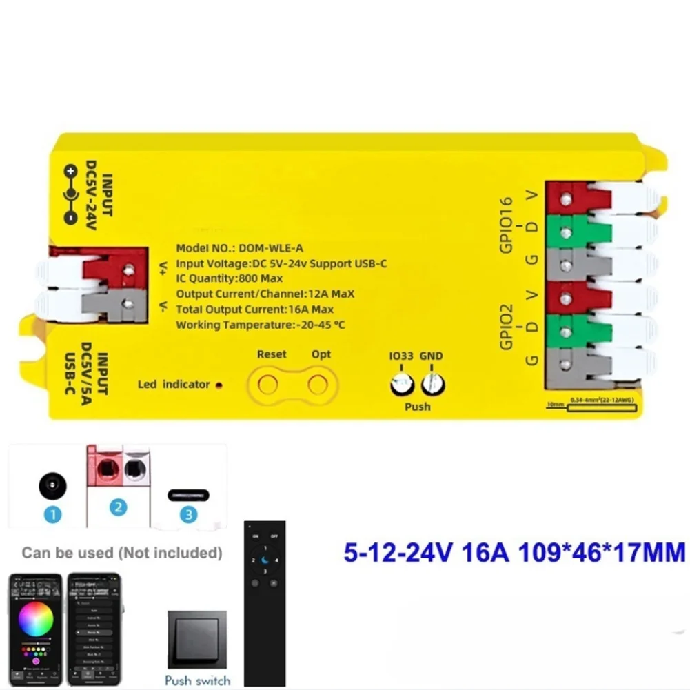 esp32コントローラー用usb-c-5v-5a-dc5～24v-mic-uart対応、ロングledストリップ対応、最大単一出力12a、合計16a-gdvポート