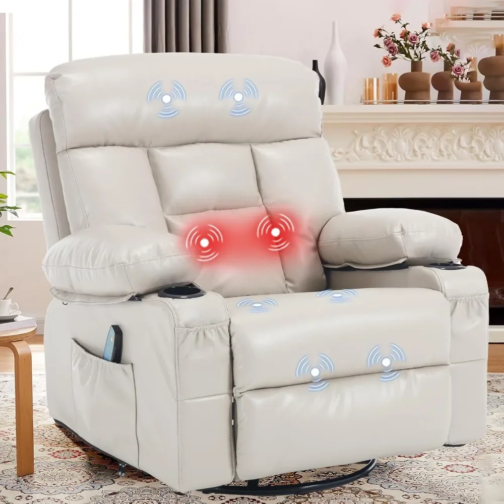 

Massage Swivel Rocker Recliner with Heat, Modern Manual Single Sofa Rocking Chairs with Cup Holders, Beige,Living Room Chairs