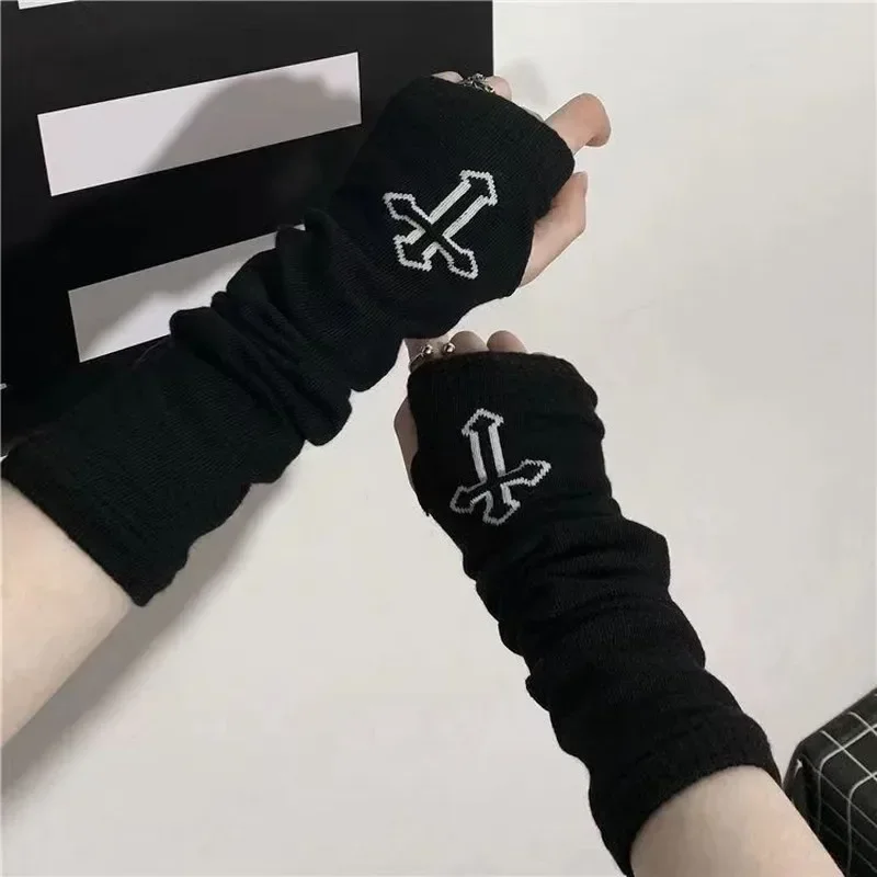 Punk Cross Pentacle Moon Pattern Long Fingerless Gloves Gothic Black Cuff Women Men Ninja Outdoor Cos Elbow Mittens Arm Warmers