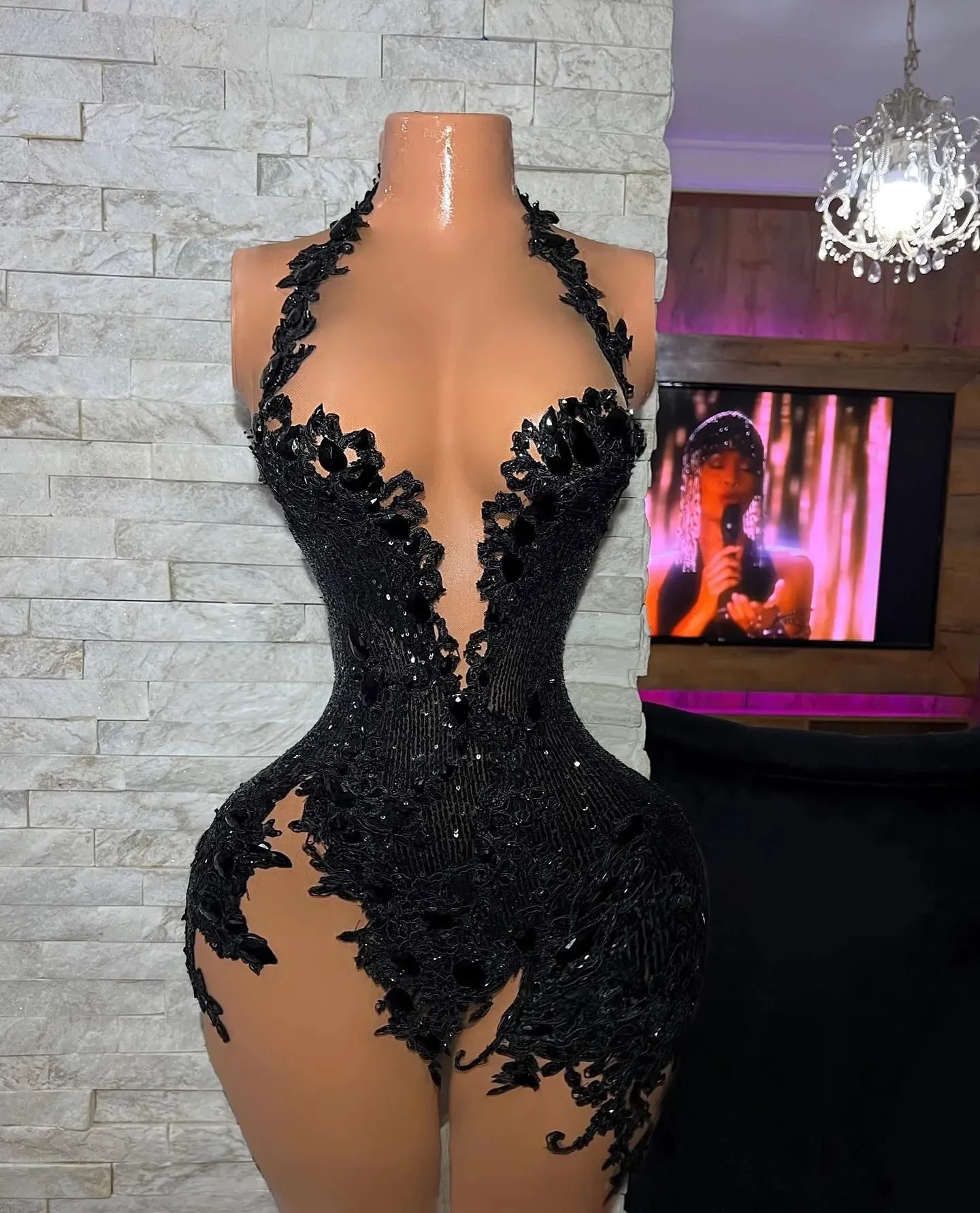 Mini Vestido africano negro corto De fiesta para mujer, Apliques De encaje Sexy, sin mangas, Vestido De noche De cóctel, personalizado