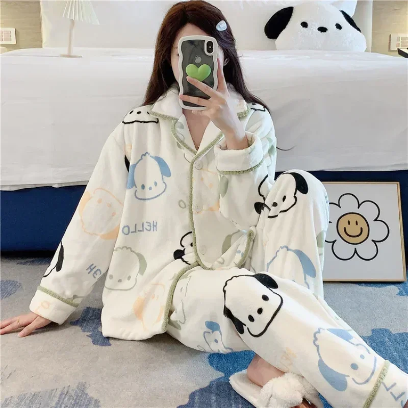 Nuevo Sanrio Pacha perro invierno puro algodón felpa gruesa pantalones de manga larga casual conjunto de dos piezas pijamas de mujer ropa de descanso