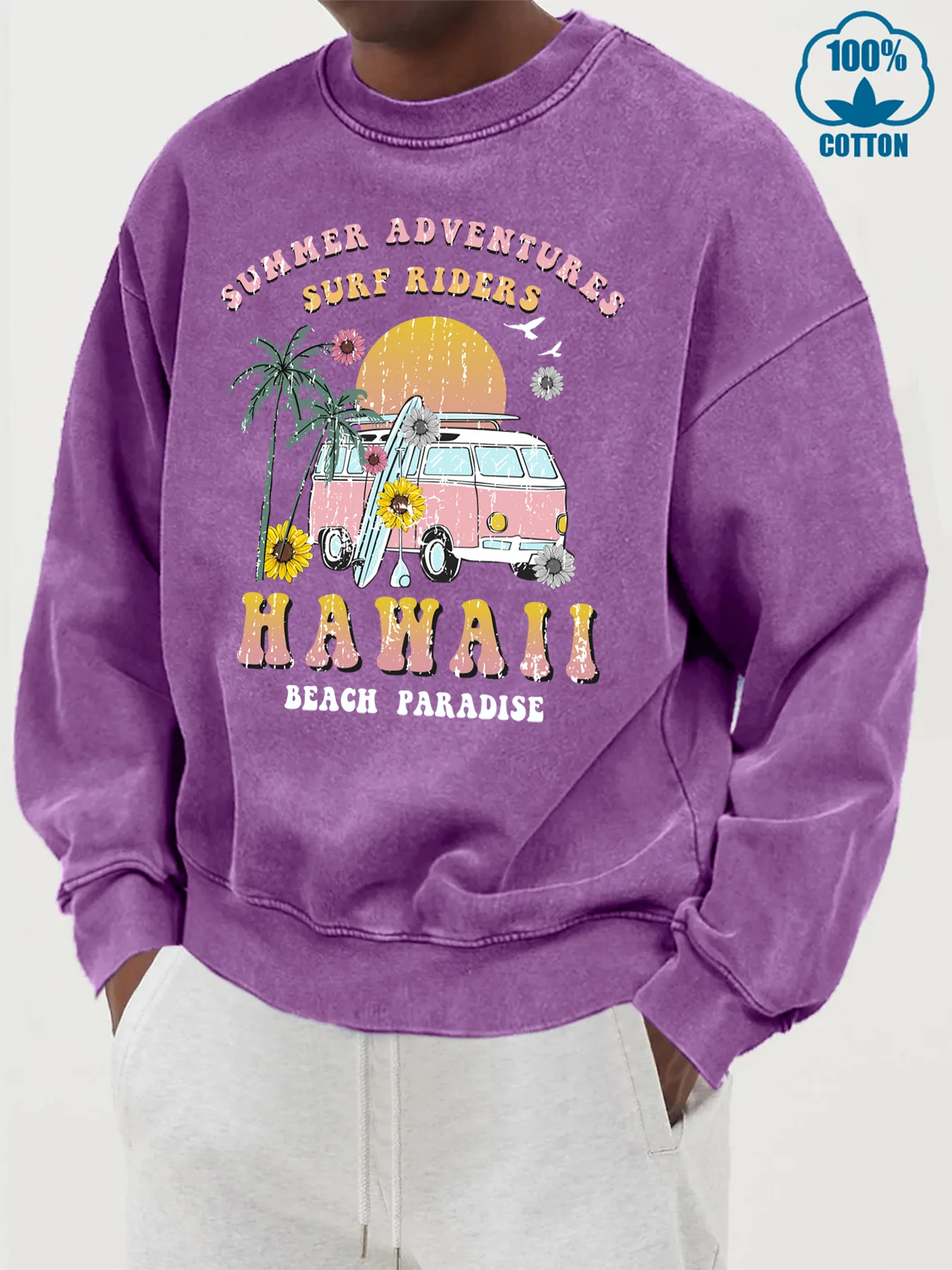 Hawaii Surf Riders Print Men Sportswear Fashion Loose Washed Sweatshirt Casual Cotton Pullovers Autumn Warm Crewneck Clothes