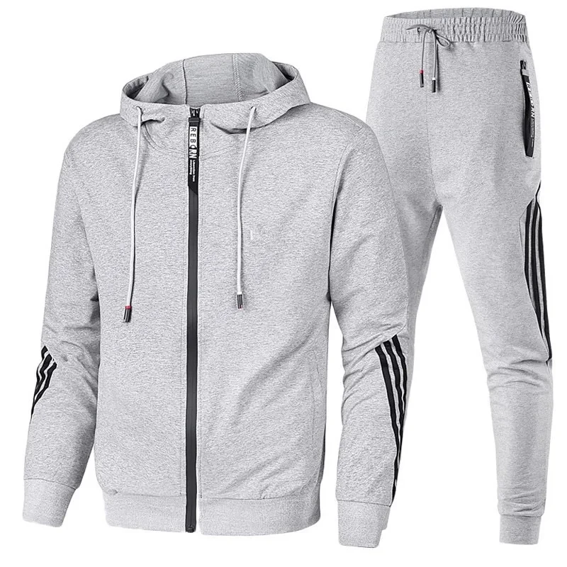Men\'s sports and leisure suit hooded sweatshirt and zippered baseball pants gym fitness jogging travel camping Spring and Aut