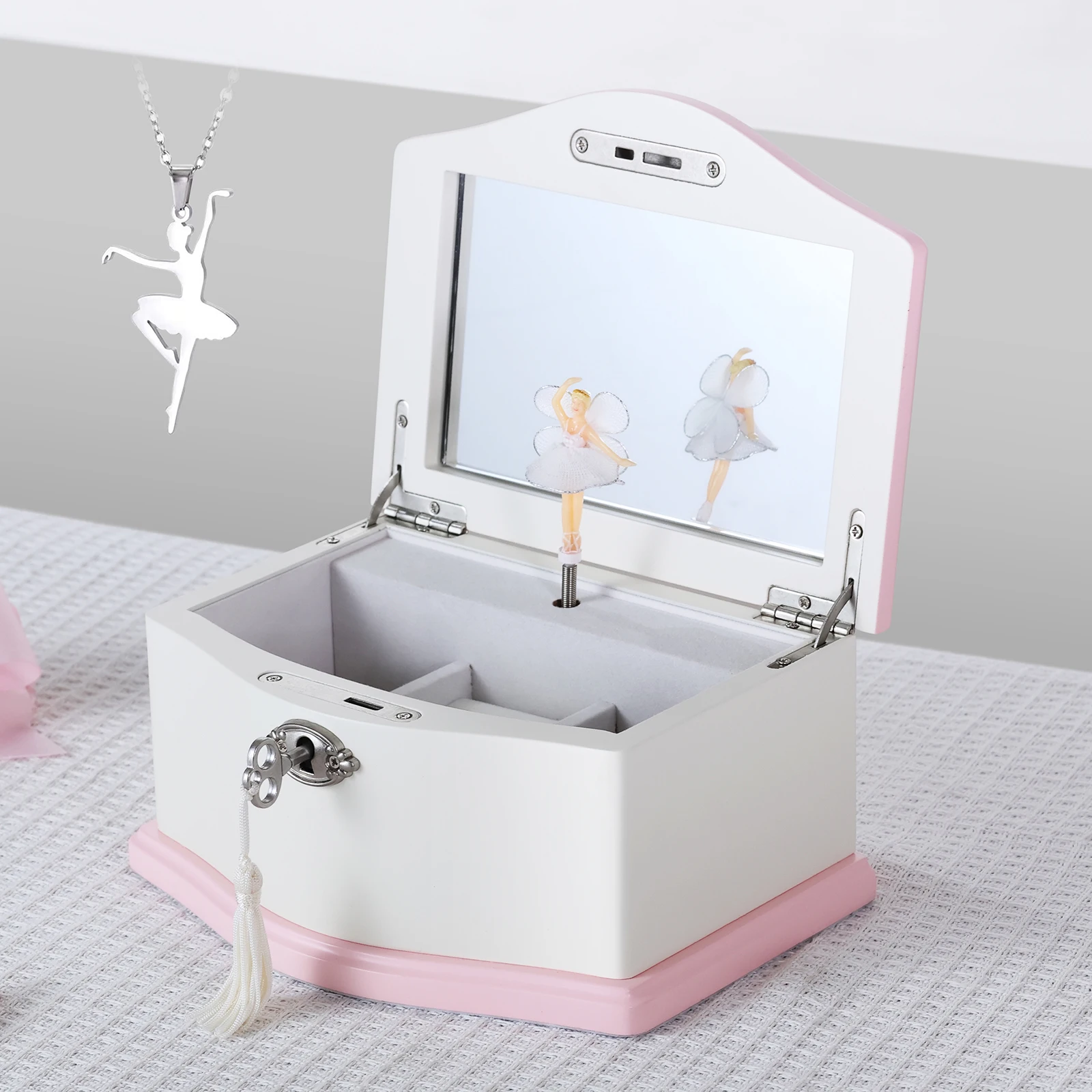 Jozen Gift Medium Ballerina Musical Jewelry Box with Mirror and Necklace for Girls,Kid's Jewelry Storage Music Chest- (white/pin