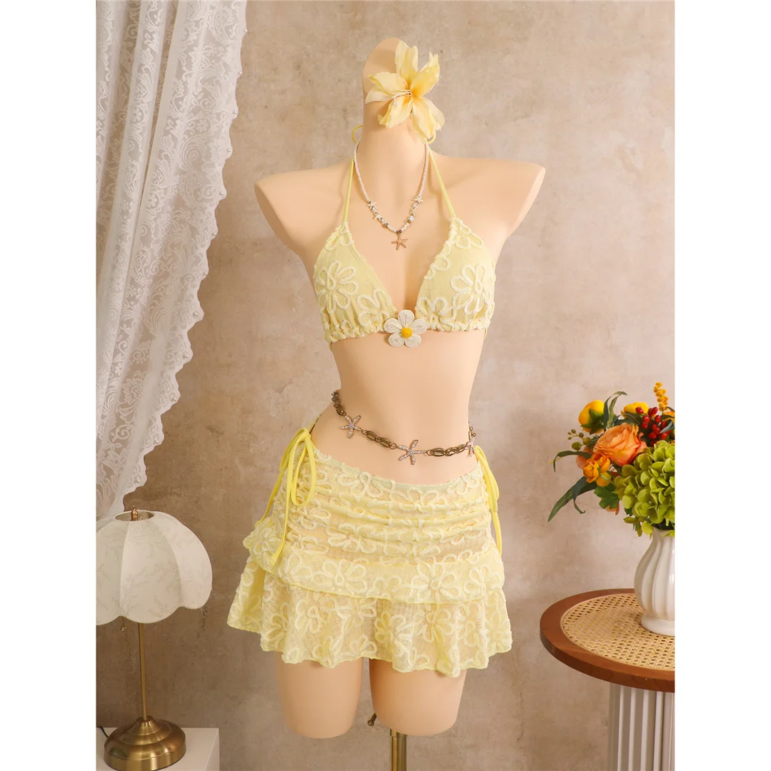 Mit Rock, Blumenmuster, Neckholder-Bikini, Damen-Badebekleidung, dreiteiliges Bikini-Set, Badeanzug, Badebekleidung, Schwimmkleidung V8322 – Detail 11