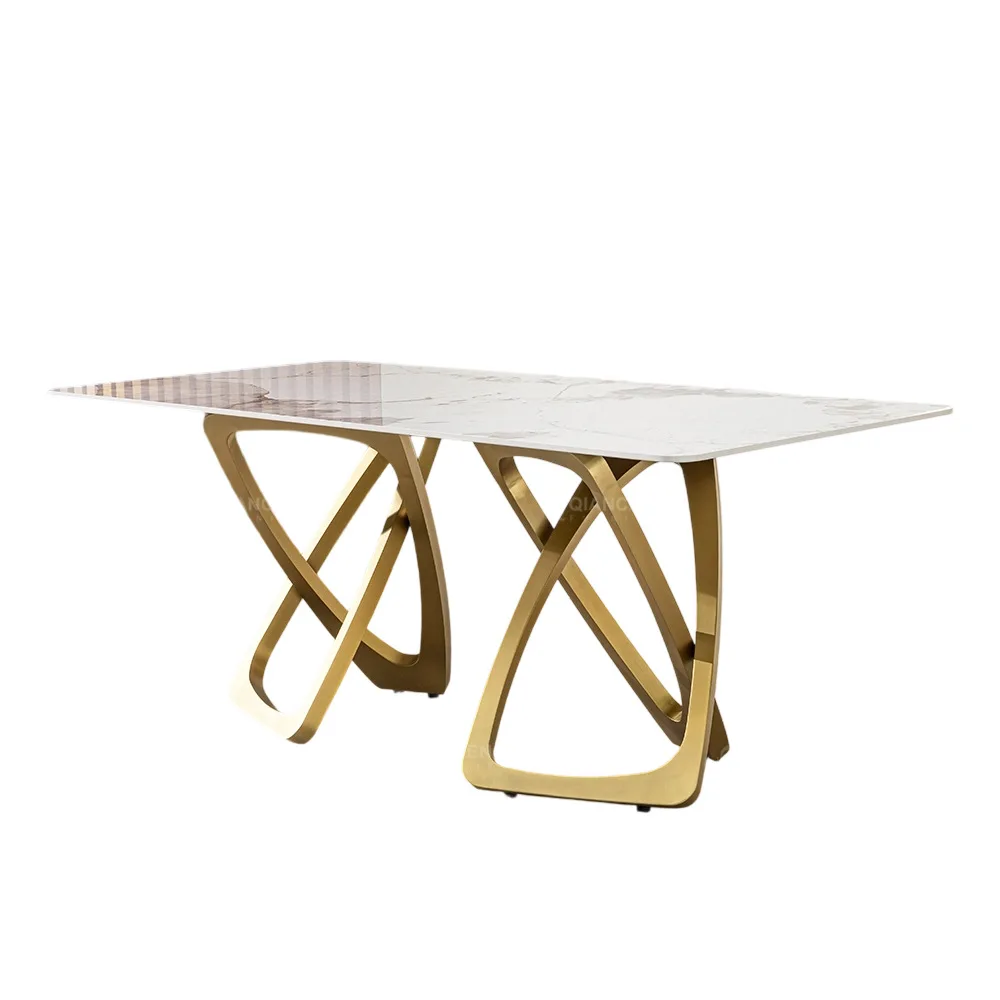 

Легкий роскошный обеденный стол из каменной плиты. Новый современный высококачественный бытовой прямоугольный высококачественный золотой итальянский стиль.