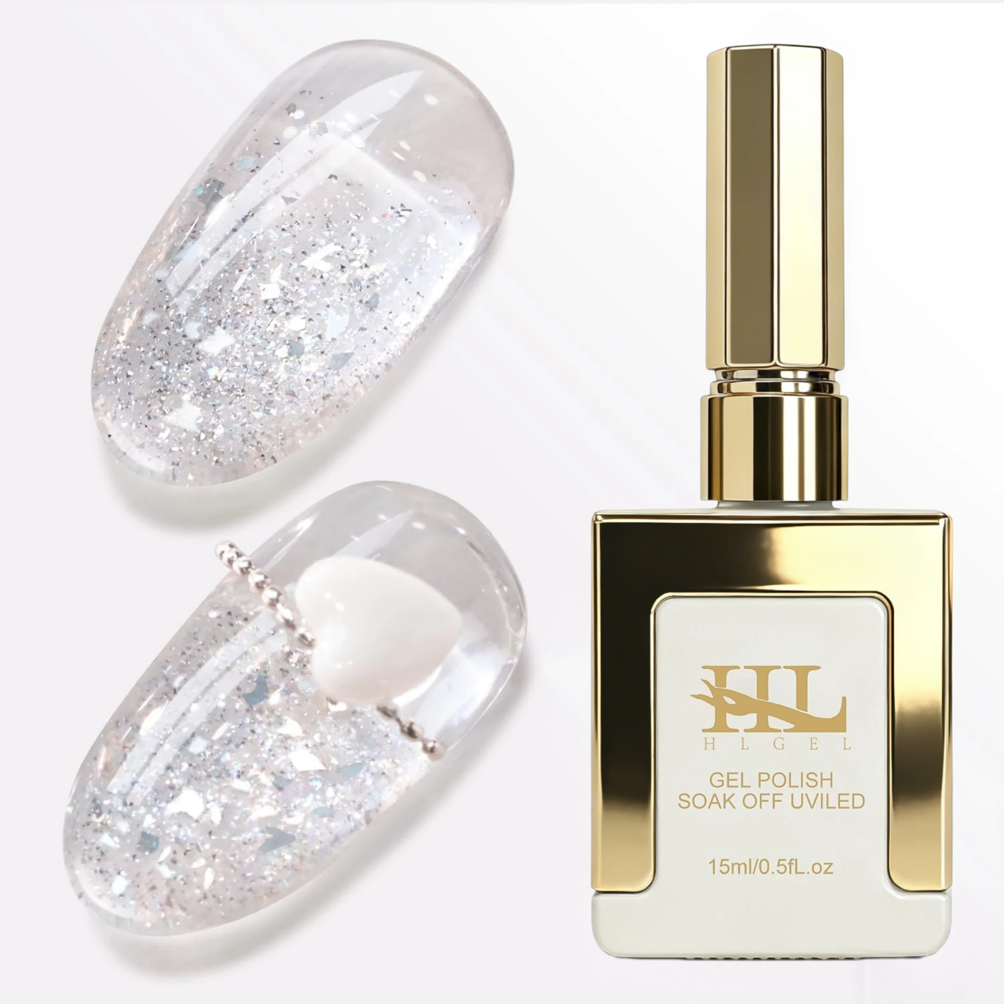 15ml Silver Holographic Chunky Glitter Nail Gel Polish, Sparkle Iridescent Flakes UV LED Soak Off Gel for Christmas New Year