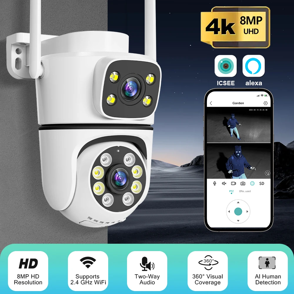 4K 8MP WiFi CameraOutdoor Indoor 4X Zoom Dual Screen CCTV Video CameraAutomatic TrackingSecurity ProtectionSurveillance