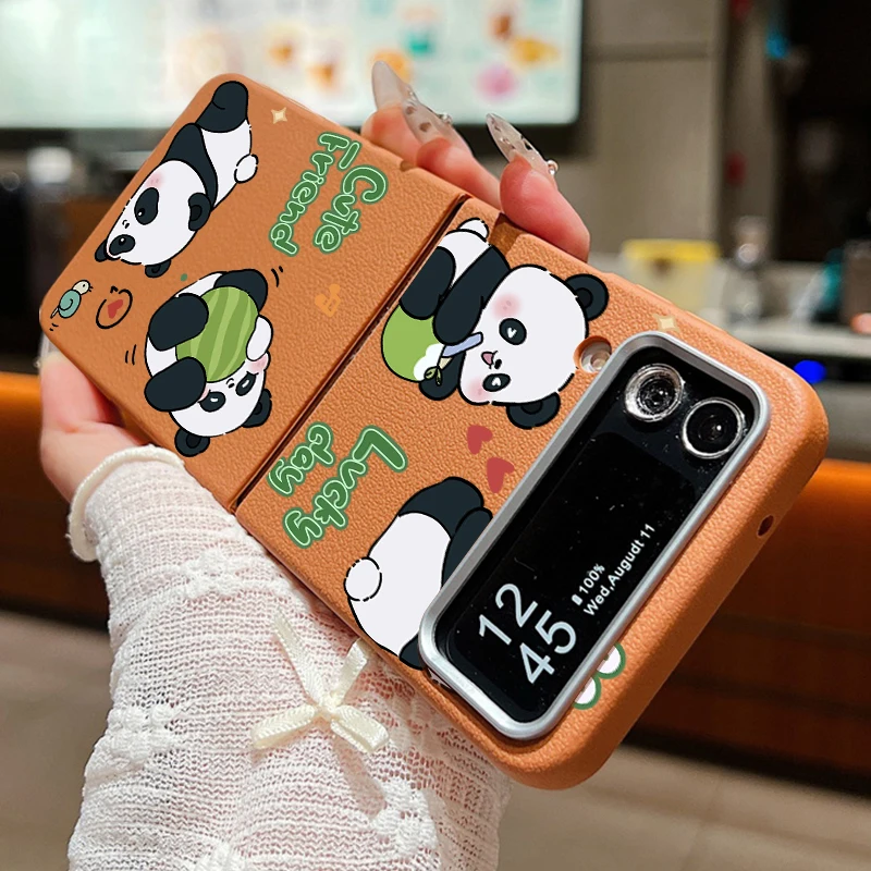 For Samsung Galaxy Z Flip6 Flip5 Flip4 Case Cute Baby Panda Leather Texture Silicone Folding Cover For Samsung Z Flip 6 5 4 3