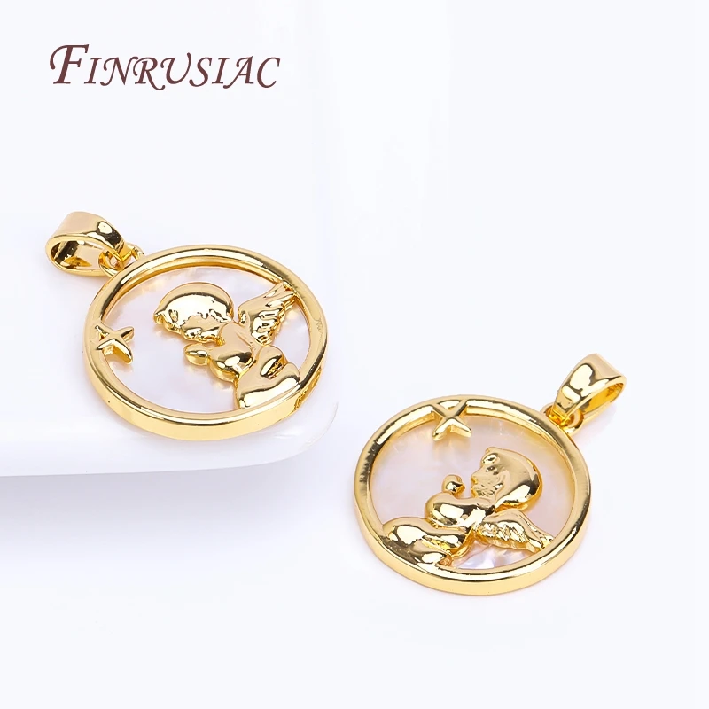 18K Real Gold Plated Angel Praying Suspension Pendant For Making Necklace,Natural Shell Round Charms DIY Handmade Jewelry