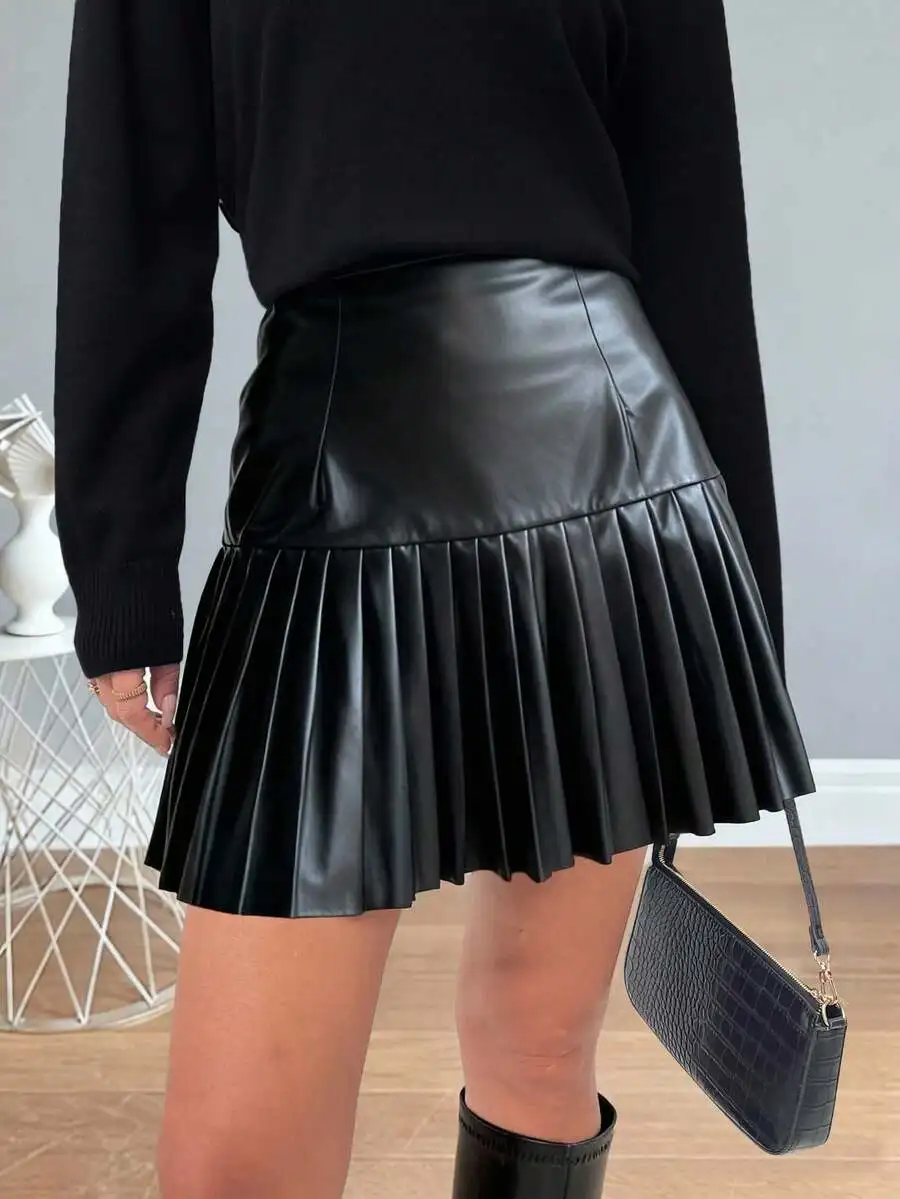 

Женская черная мини-юбка А-силуэта из искусственной кожи с плиссировкой, повседневный дизайн с высокой талией