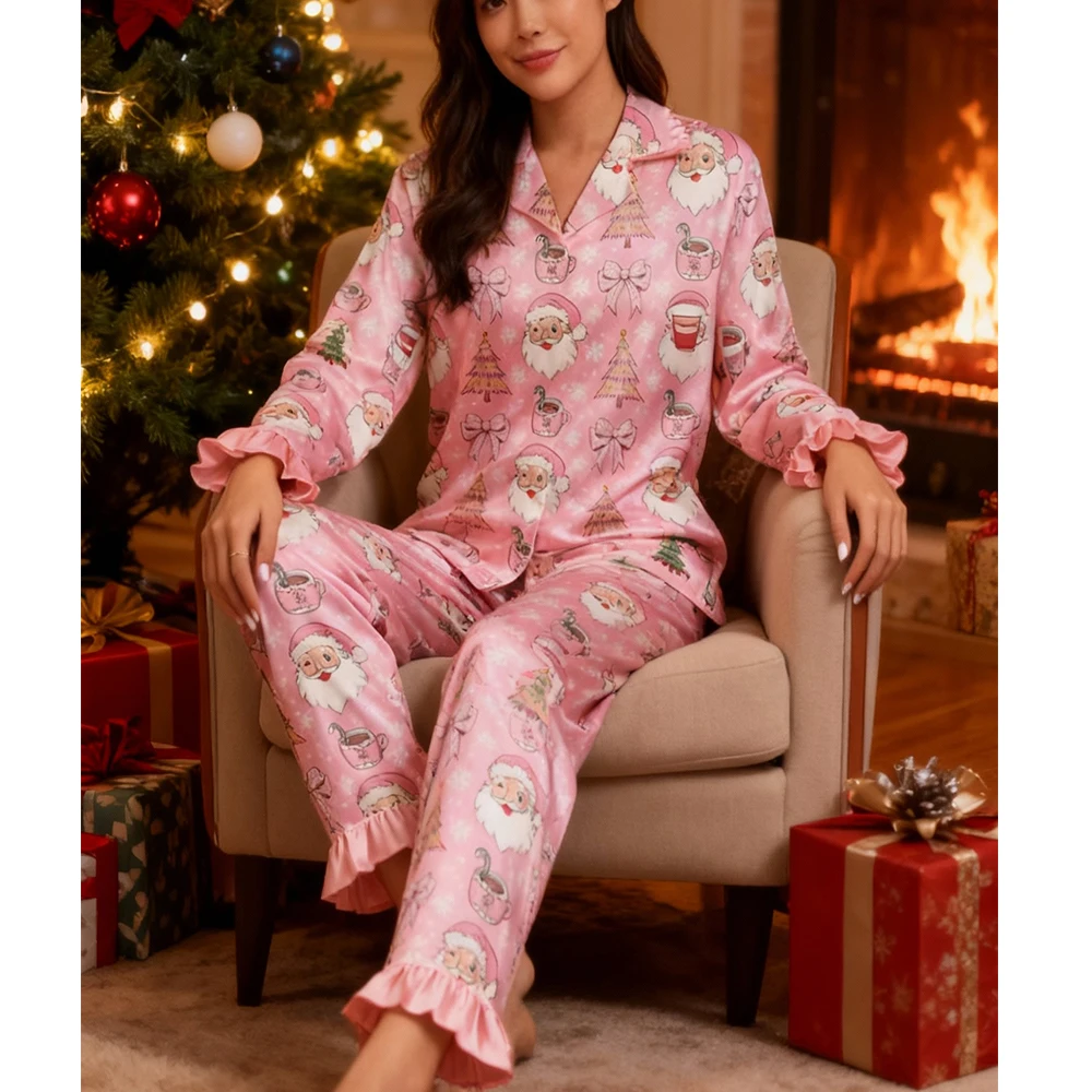 المرأة عيد الميلاد بيجامة من الساتان مجموعة Y2K سانتا الجرافيك الكشكشة زر أسفل كم طويل بلايز السراويل عيد الميلاد المتسكعون ملابس خاصة