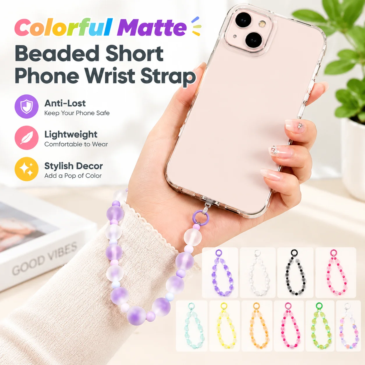 Colorful Matte Beaded Short Phone Wrist Strap, Anti-Lost Hand Chain Beaded Lanyard Decor for Cell Phone and Camera