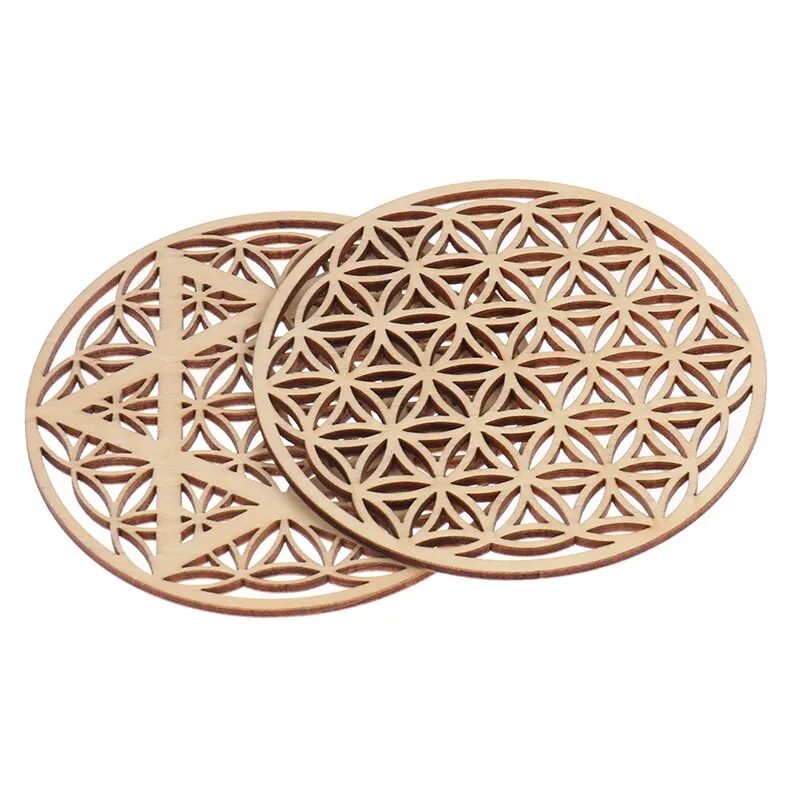 1pc Chakra Blume des Lebens natürliches Symbol Holz runde Kante Kreise geschnitzt Untersetzer für Stein kristall Set Home Küche DIY Dekor