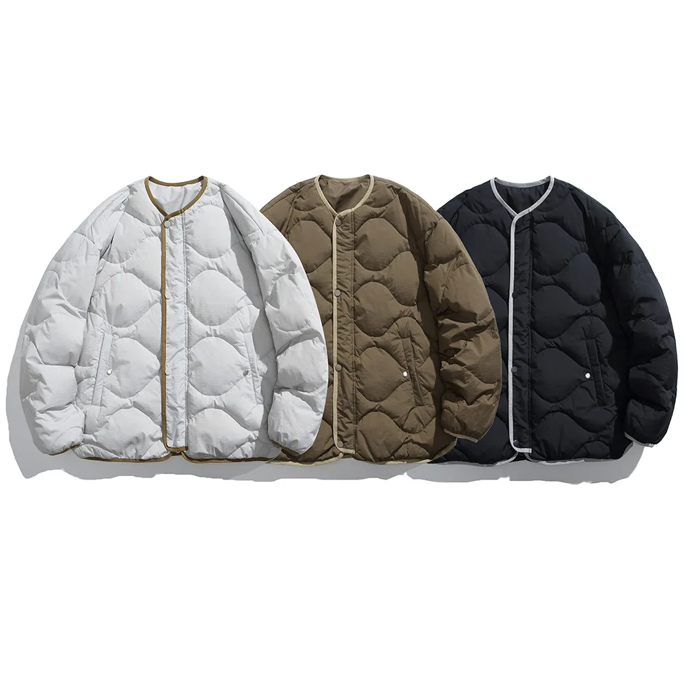 

Men's single-breasted crew neck down jacket, winter trendy brand Vibe style plaid diamond collarless color-blocked loose coat