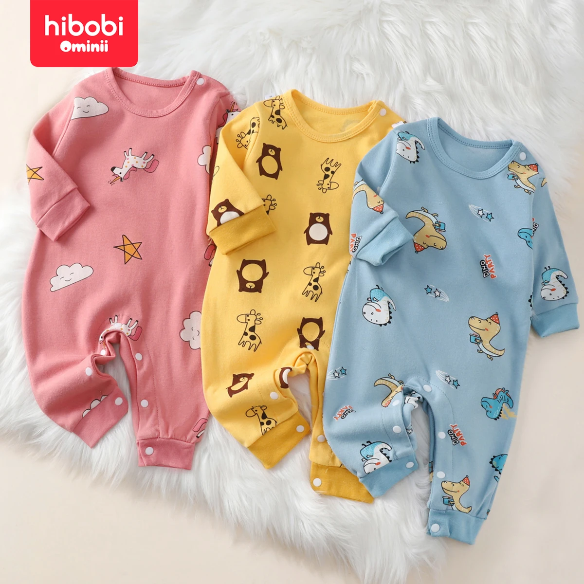 hibobi 100% Cotton Newborn Jumpsuit Comfortable Cute Animal Patterns Round Neck Baby Crawling Suit 0-18m Toddler Onesie