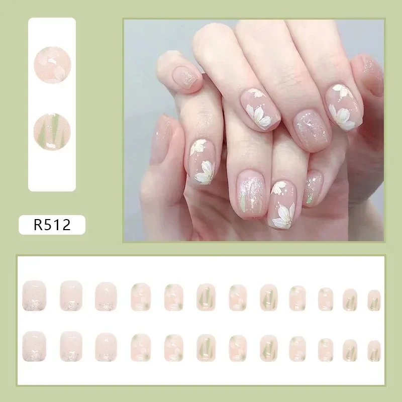 24pcs Cute Star Printed Design Fake Nail Short Square Faux Ongles Manicure Nail Stickers Press on Nail Tips Gradient False Nails