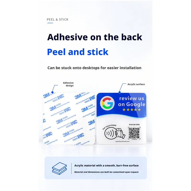 NTAG215 Google Review NFC Card 13.56MHz Tap To Review Reusable Editable Dynamic QR Code 0.2cm Desk Sticker 1.8mm Acrylic Sign Fo