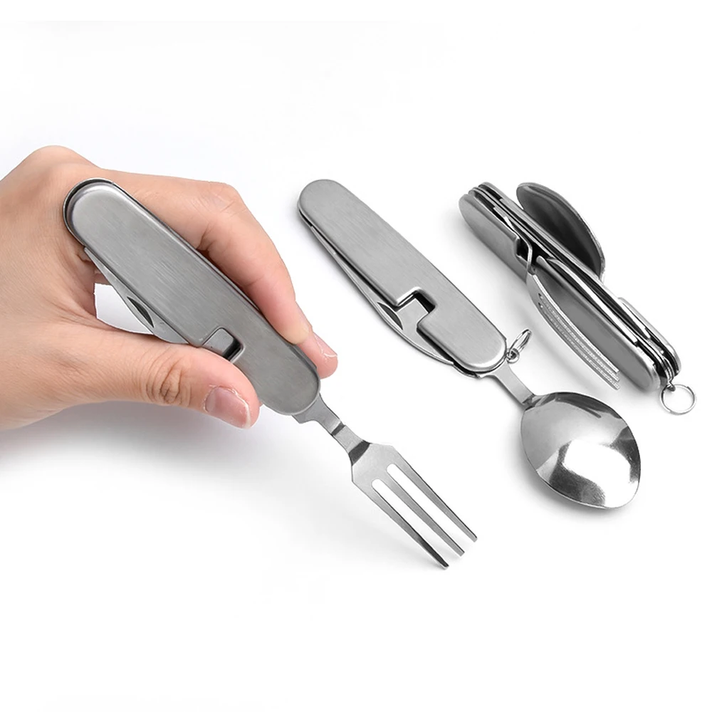 Stainless Steel Camping Folding Swiss Knife Outdoor Multitool Portable Pocket Fork Knife Spoon Box Cutter EDC Gadget Hand Tools