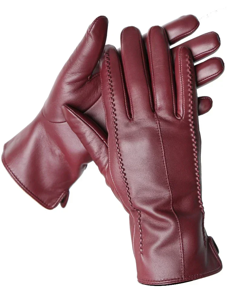 Women's Sheepskin Good Quality Gloves Winter Warm Plus Velvet Short Thin Touch Screen Driving Color Women's Leather Gloves