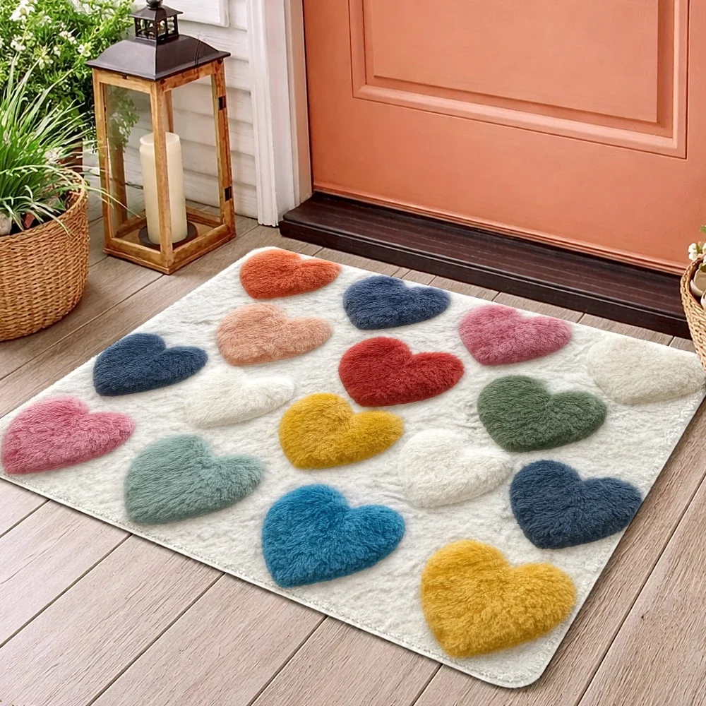 [2D Flat] Warm And Comfortable Heart-Patterned Floor Mat - Made of Flannel Material, Suitable for Decorating Living Room, Bedroom, Entrance, And Dormitory