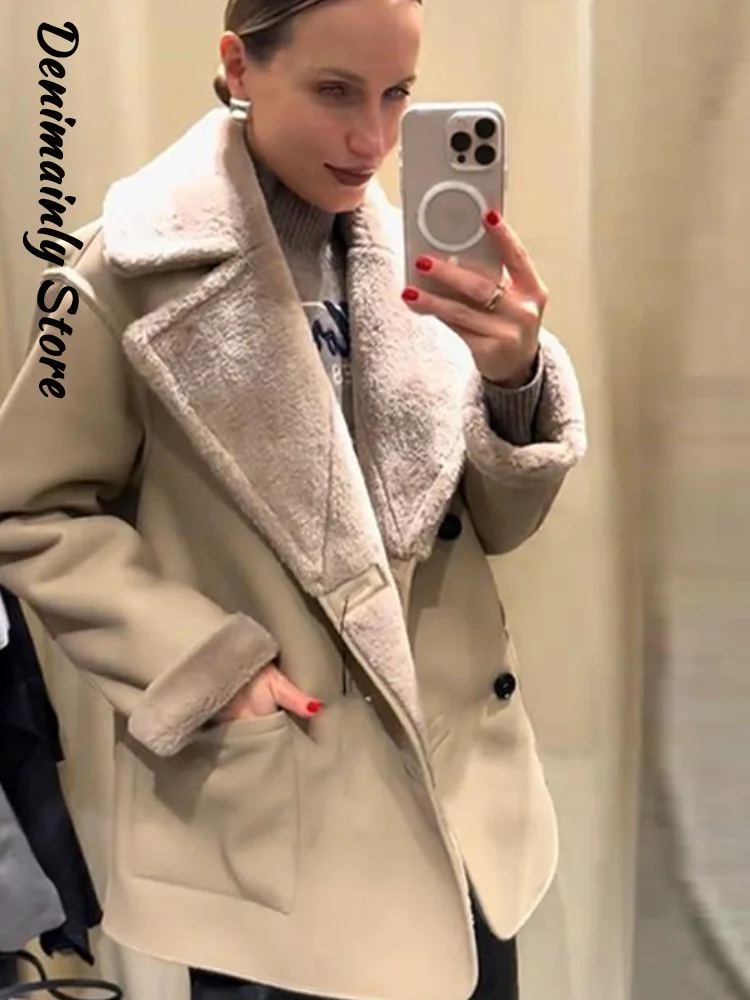 Fashion Reversible Faux Leather Lamb Wool Paneled Jacket Women Lapel Single Breast Solid Jacket 2025 Autumn Winter Lady Outwear
