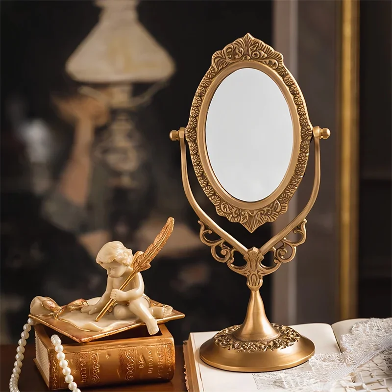 Vintage Home Brass Table Mirror Makeup Mirror European Light Luxury Carved Brass Desktop Dressing Mirror Decorative Ornaments