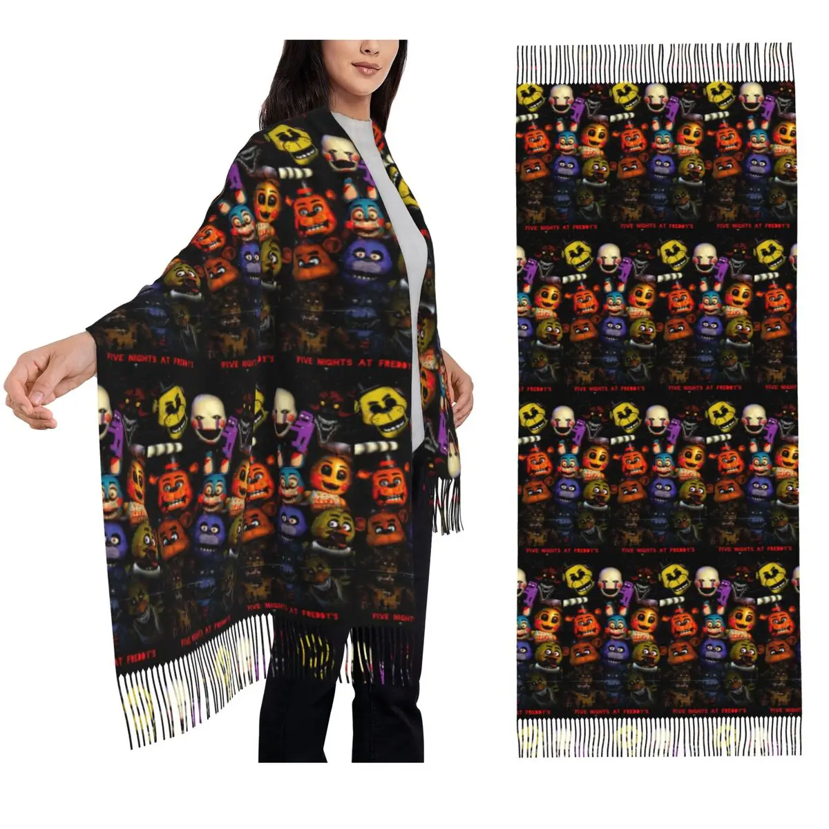 وشاح FNAF من Five N Ights At Freddy's أوشحة شرابة للسيدات شالات دافئة ناعمة ويلتف شال كبير للخريف والشتاء