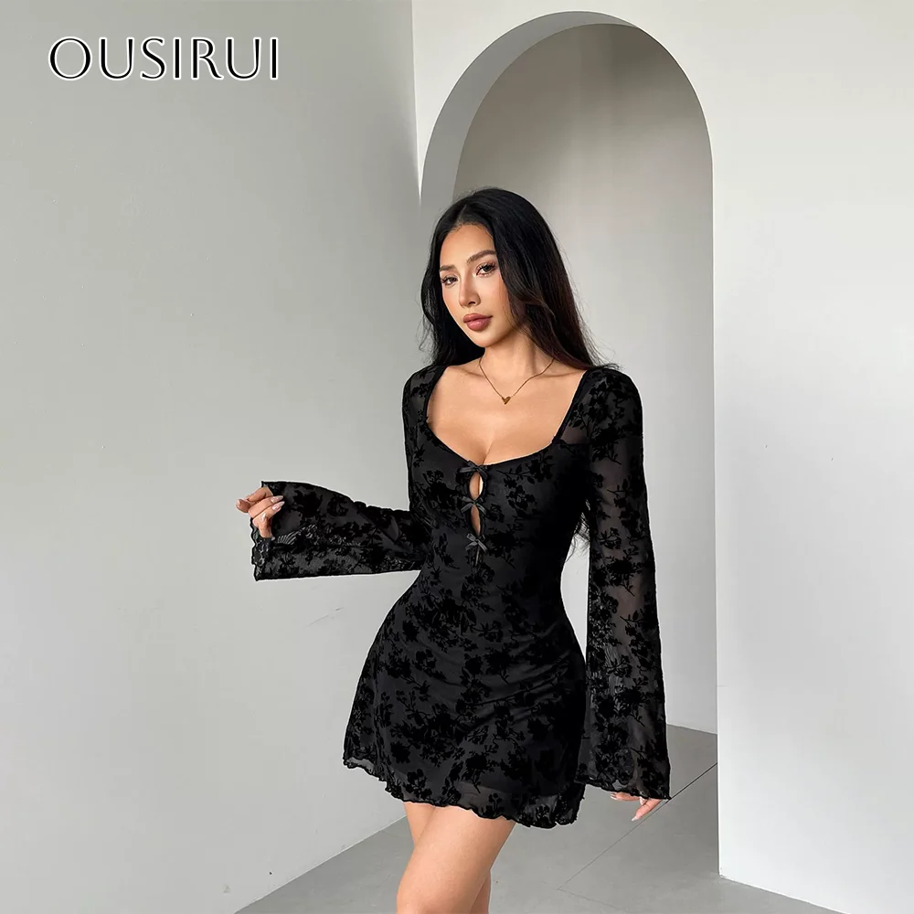 

A-line Short Lace Cocktail Dresses Bow Puffy Long Sleeve Formal Party Gown Customized vestido corto elegante