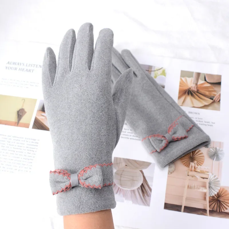 Стильные женские теплые сенсорные экраны плюс бархатные внутренние утолщенные ветрозащитные велосипедные милые элегантные эластичные мягкие перчатки с бантом