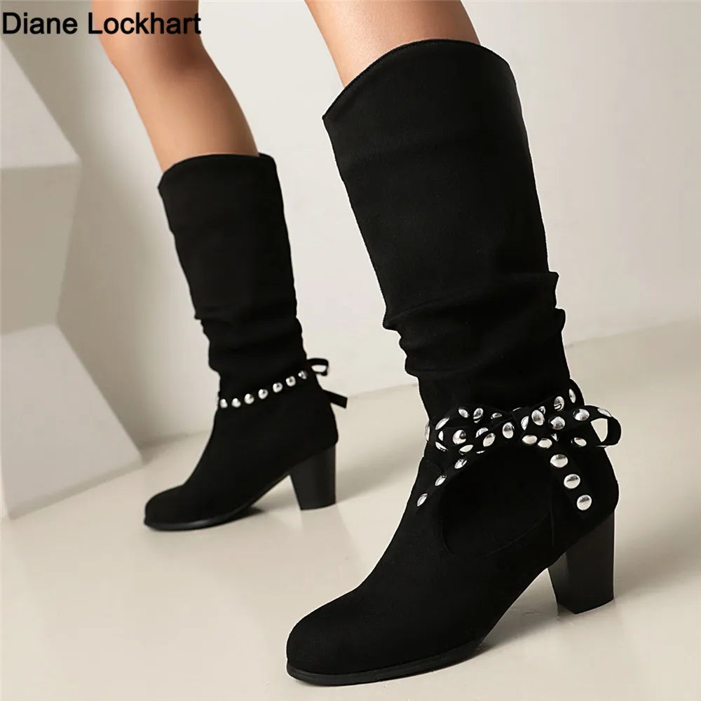 

Large Size 35-43 Women Knee High Boots Ankle Strap Rivet With Retro Women's Motorcycle Boots Thick fur Warm Winter Botas Mujer