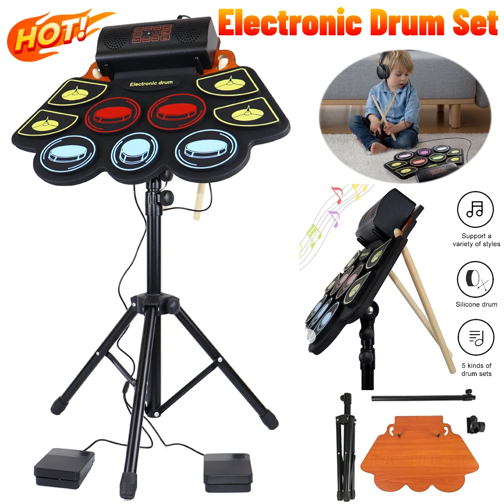 Electronic Drum Set With Drum Sticks Pedals Music Drums 9 Pad Roll-Up Drum Musical Electronic Drums Instrument For Kids Adults