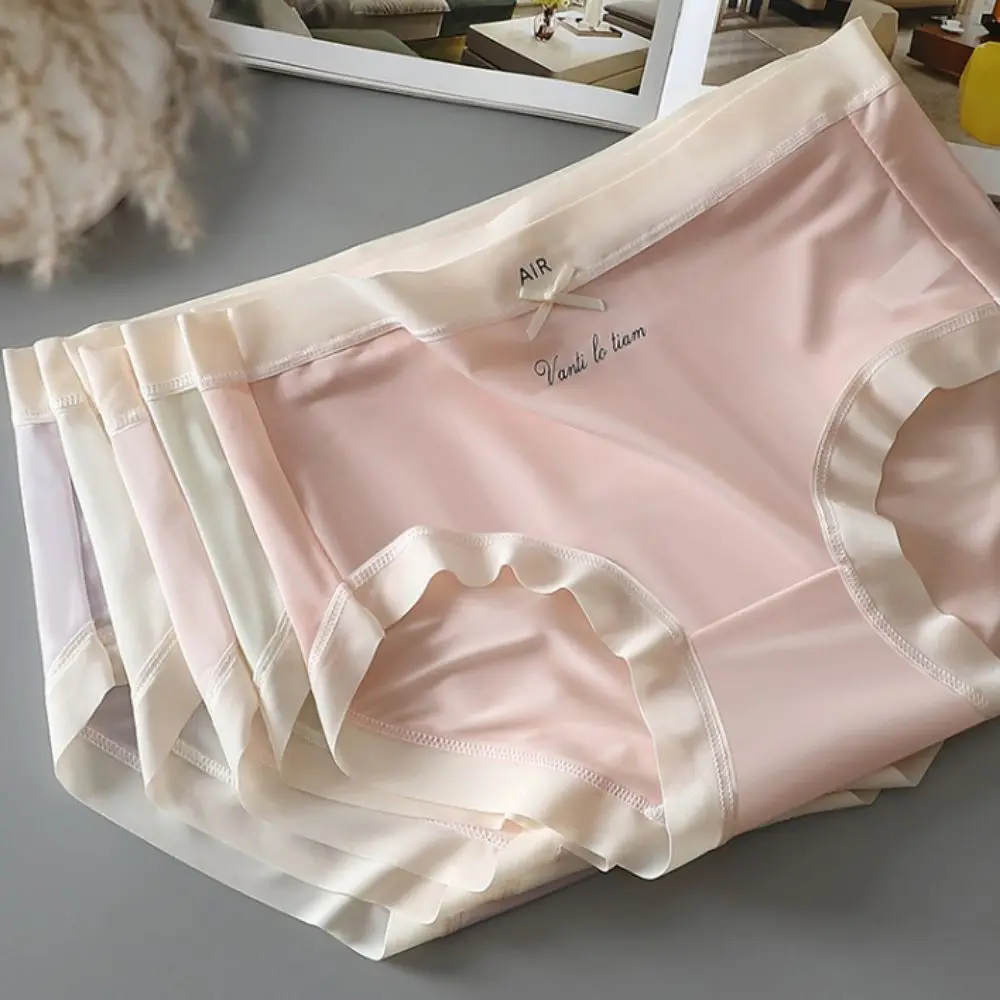 

5PCS Mid Waist Ice Silk Panties Cotton Crotch Mesh Underwear Seamless Briefs Female Lingerie Bowknot Women's Thin Underpants