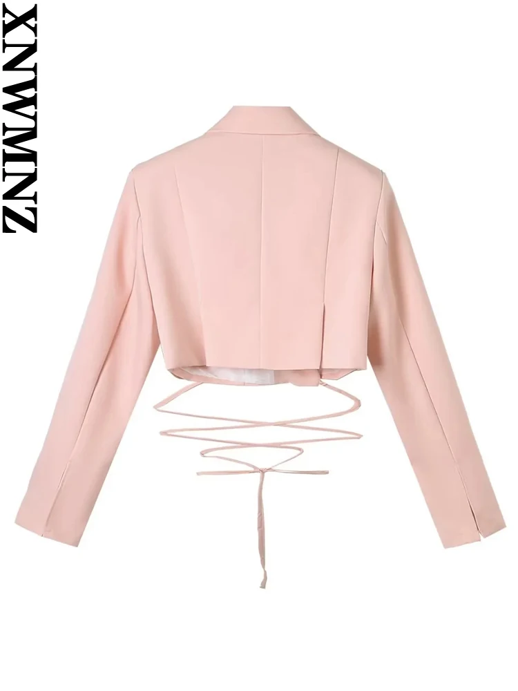 XNWMNZ moda donna 2023 Crop Tie Blazer donna Vintage risvolto manica lunga High Street Versatile capispalla femminile Chic top