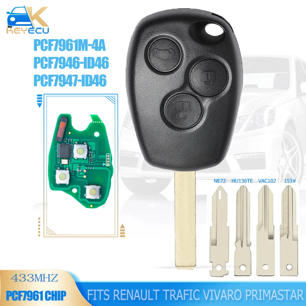 KEYECU 433MHz PCF7946 / PCF7947/PCF7961 4A رقاقة 3 زر فوب ل 2013 2014 2015 2016 رينو ترافيك فيفارو Primastar Movano داسيا