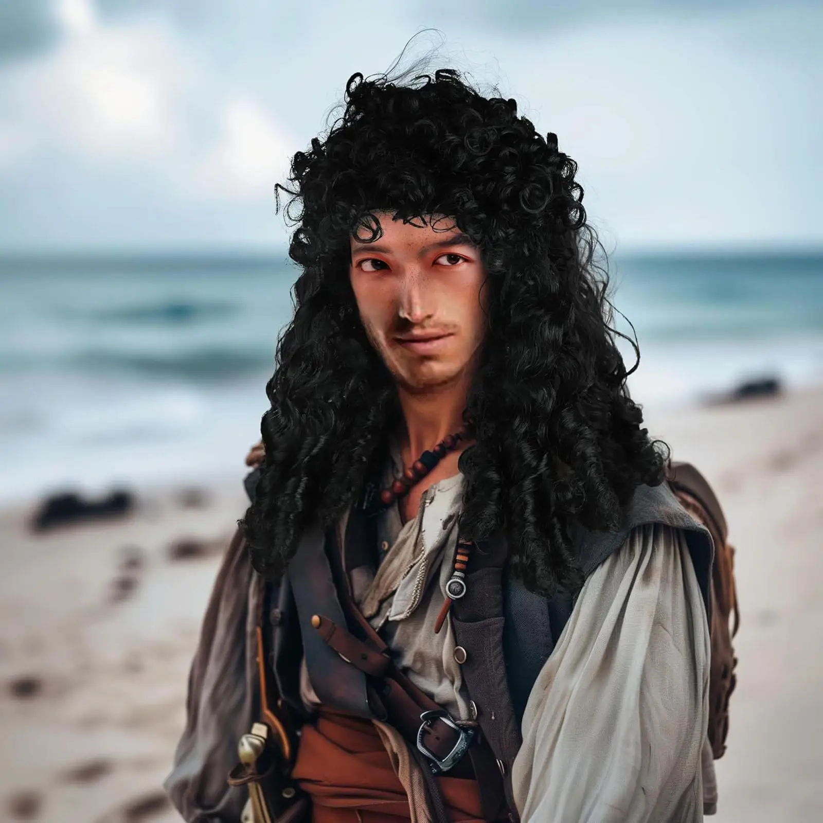 

Pirate ,Party Costume for Men Sturdy Synthetic Rock ,Cosplay,Long Curly Black for Party Photography