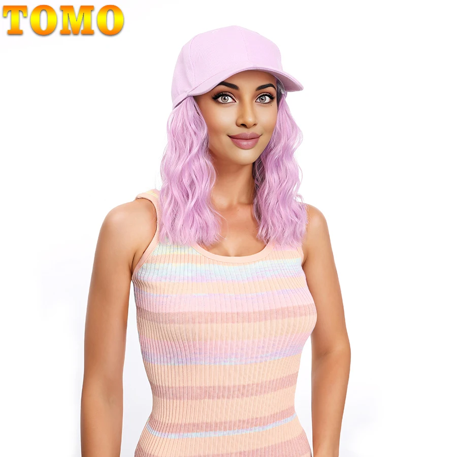 TOMO topi bisbol tahan air terpasang sintetis 8 "ekstensi rambut gelombang topi cepat kering dapat disesuaikan dengan Wig Bob untuk wanita