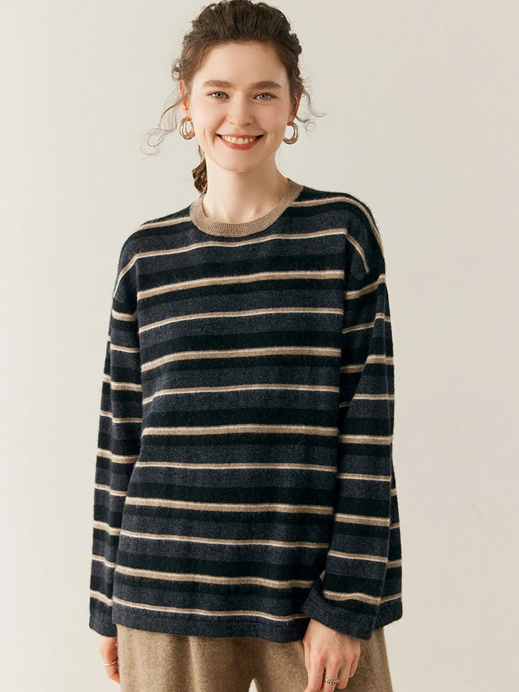 

Классический осенне-зимний женский свитер, элегантный женский вязаный пуловер из 100% кашемира, полосатая одежда с длинными рукавами, топы, свободный джемпер