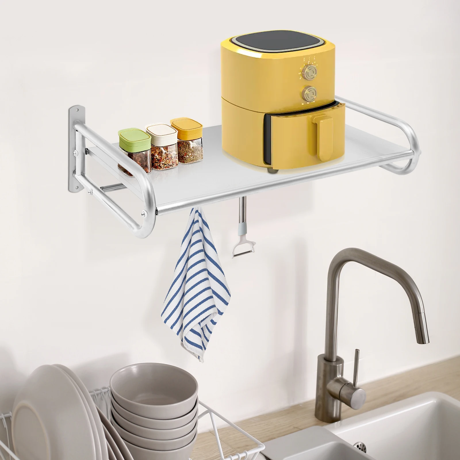 Настенная полка для микроволновой печи, 44,09 фунтов, несущая нагрузка, 6 подвижных крючков, боковой барьер для кухни, столовой, ресторана