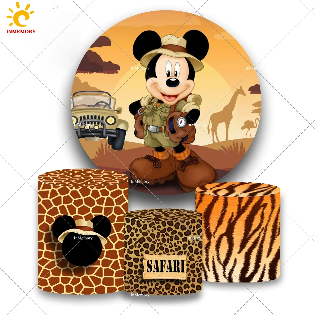 Mickey Mouse Jungle Safari Party Round Backdrop Cover Happy Birthday Go Wild Mickey Mouse Truck Background for Kids Party Banner