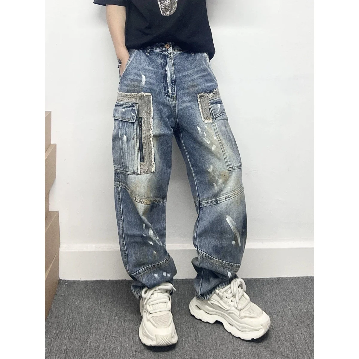 

Faionable Heavy-Du Men's Jeans Casual Workwear Waed Loose Straight Leg Trousers Patchwork Dye Spill Multiple kets