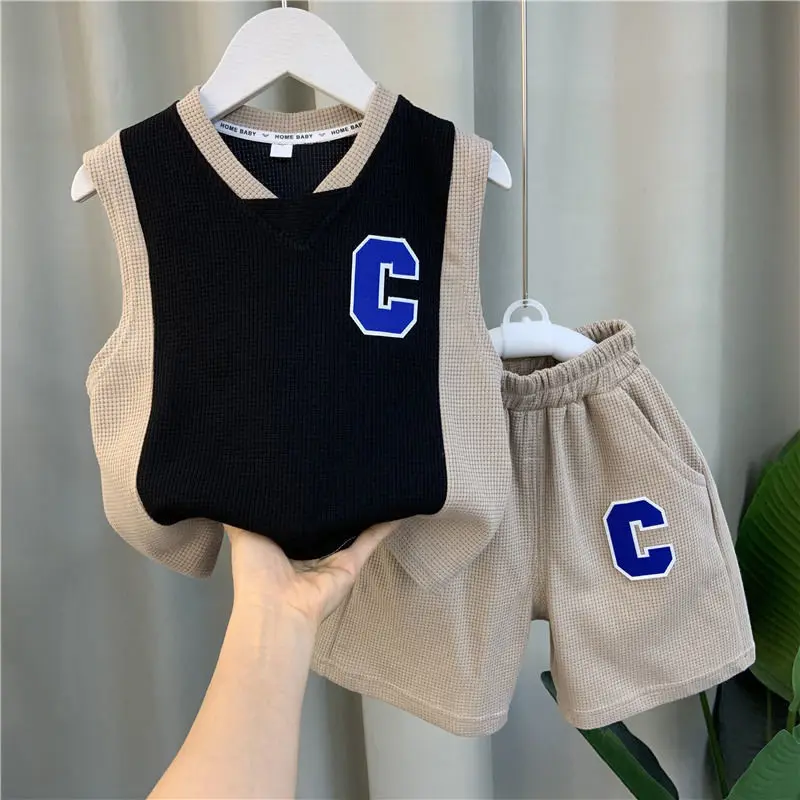 

2pc Cool Boys Clothes Set Summer Kids Sleeveless Patchwork Shorts Sport Casual Outfits Set with Pants for Teenage Boy Clothing